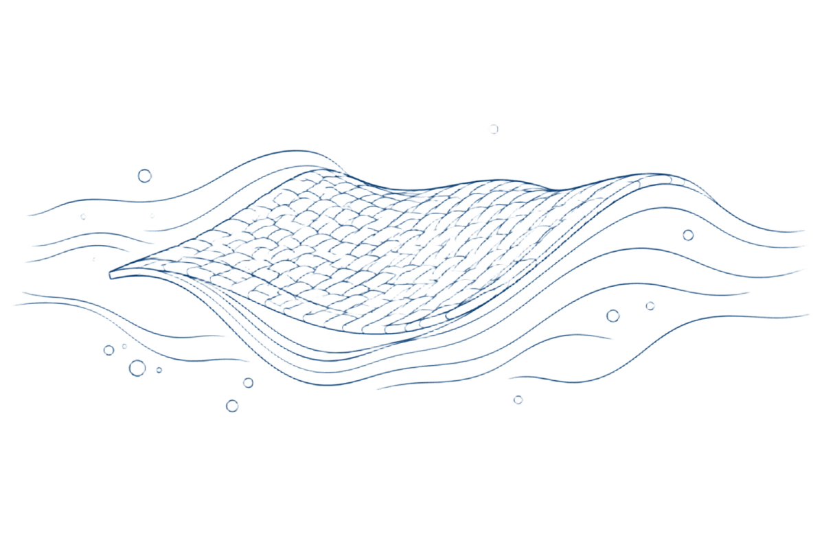 Ilustración minimalista de tejido técnico de bañador en contacto con el agua mostrando comportamiento del material hidrodinámico