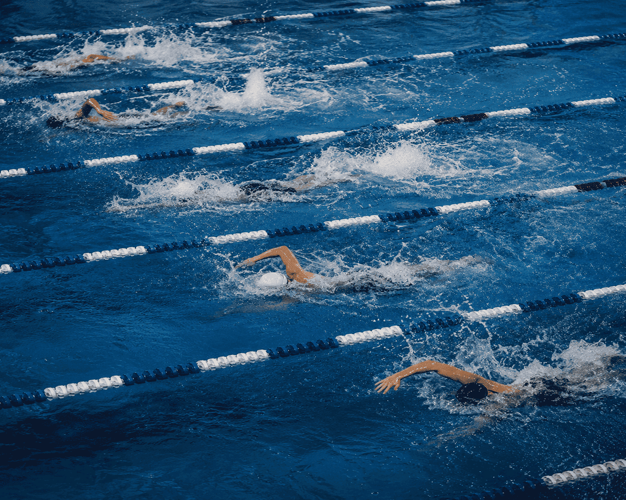 Nadadores compitiendo en una prueba de natación representando la marca Mad Wave y sus bañadores técnicos de competición